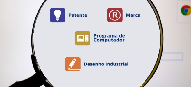 Lupa apresentando ícones: Patente, Marca, Programa de Computador e Desenho Industrial